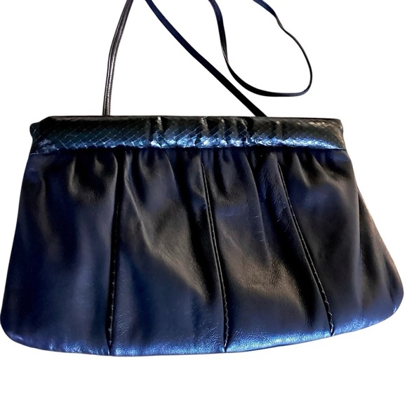 Vintage Andé Navy Blue Clutch Crossbody Bag with Black Snakeskin Trim - Picture 2 of 16